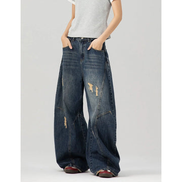 Riolio American high street men and women retro washed distressed curved knife jeans couple hip-hop loose trendy wide leg casual pants